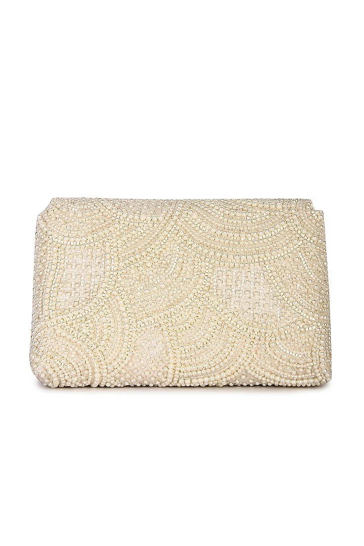White Raw Silk Bead Pearl Hand Embroidered Clutch by The Purple Sack at Pernia's Pop Up Shop