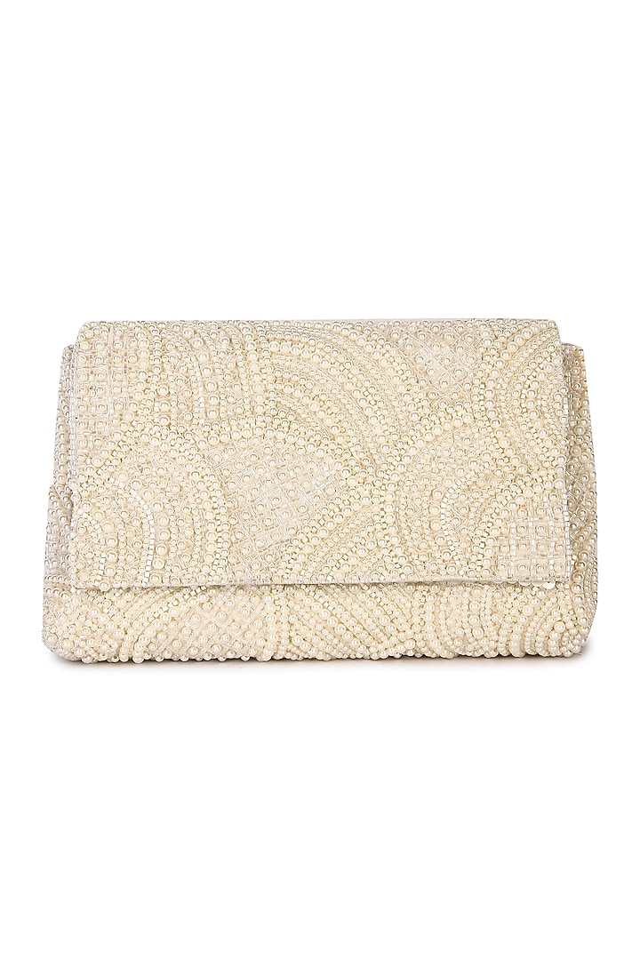 White Raw Silk Bead Pearl Hand Embroidered Clutch by The Purple Sack at Pernia's Pop Up Shop