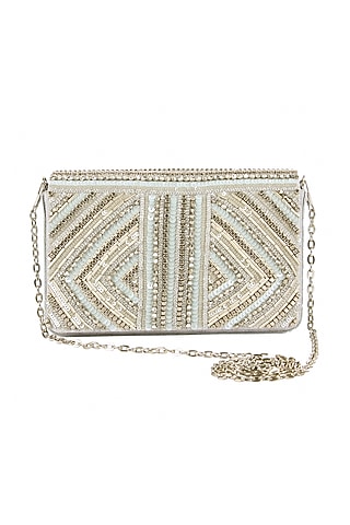 Silver Raw Silk Hand Embroidered Clutch by The Purple Sack