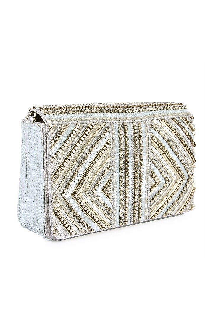 Silver Raw Silk Hand Embroidered Clutch by The Purple Sack at Pernia's Pop Up Shop