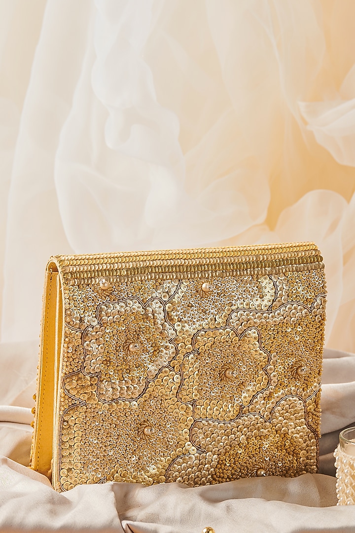Gold Raw Silk Hand Embroidered Clutch by The Purple Sack at Pernia's Pop Up Shop