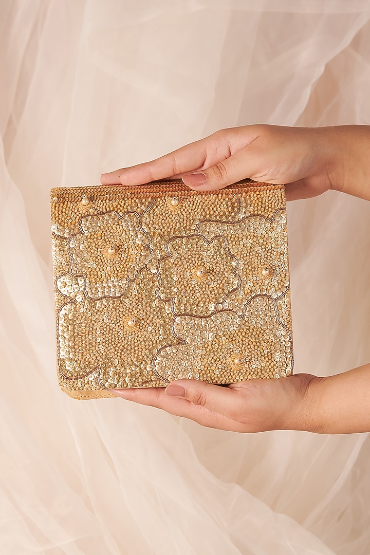 Gold Raw Silk Hand Embroidered Clutch by The Purple Sack at Pernia's Pop Up Shop