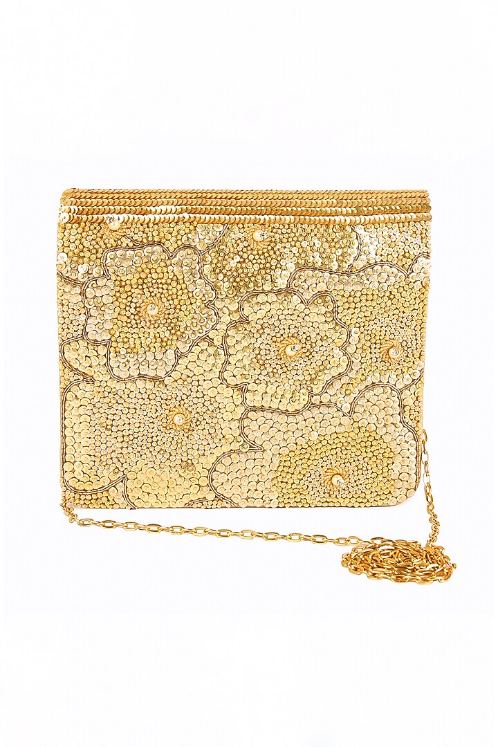 Gold Raw Silk Hand Embroidered Clutch by The Purple Sack at Pernia's Pop Up Shop