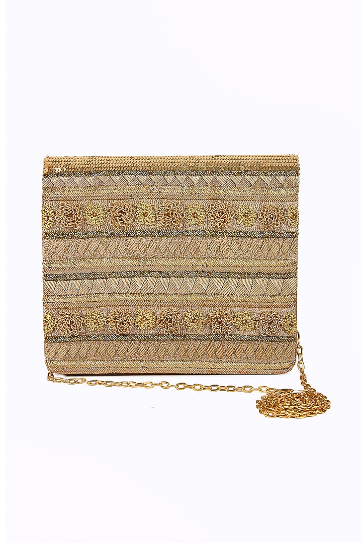 Gold Raw Silk Hand Embroidered Clutch by The Purple Sack at Pernia's Pop Up Shop