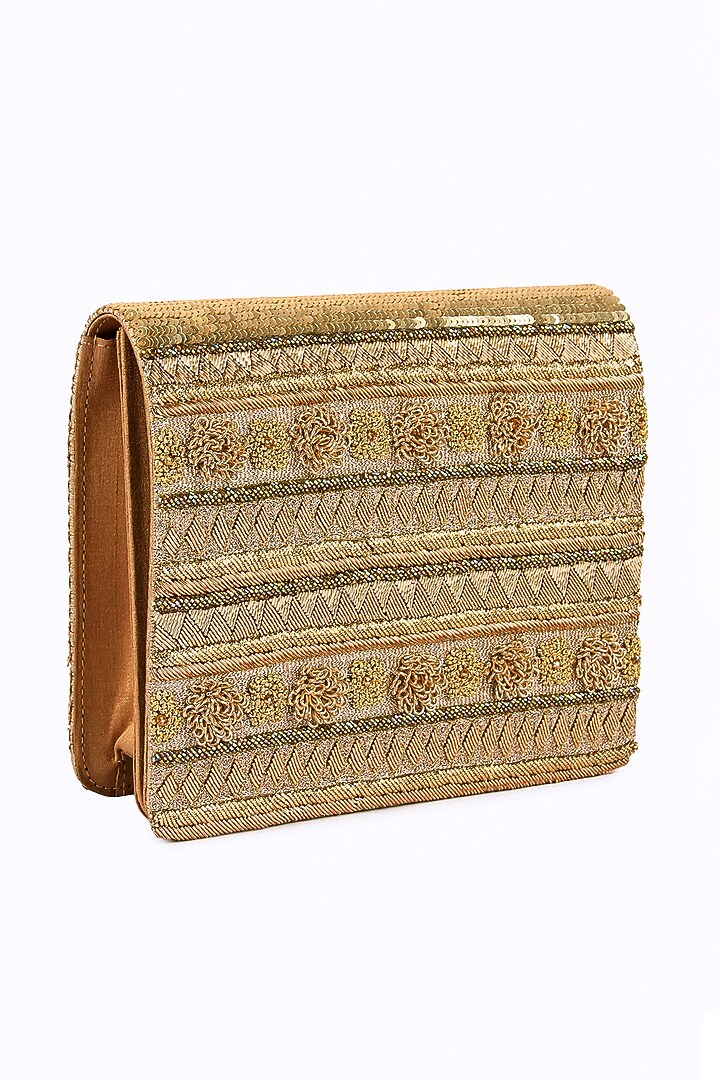 Gold Raw Silk Hand Embroidered Clutch by The Purple Sack at Pernia's Pop Up Shop