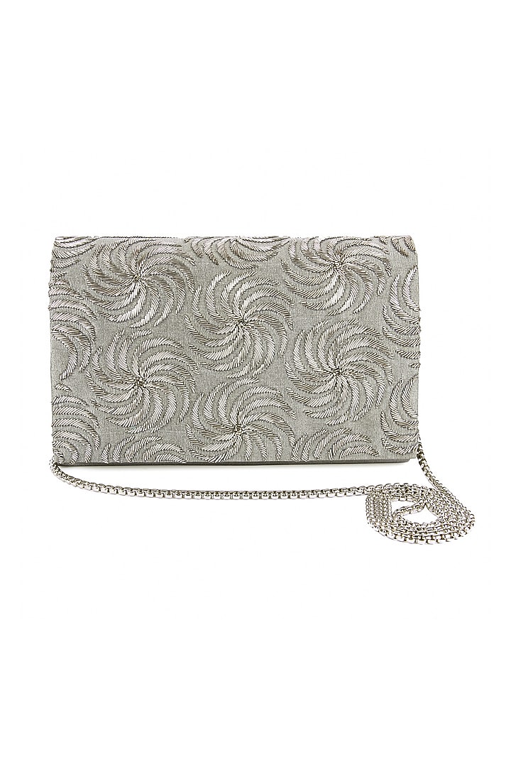 Grey Silver Raw Silk Hand Embroidered Clutch by The Purple Sack at Pernia's Pop Up Shop