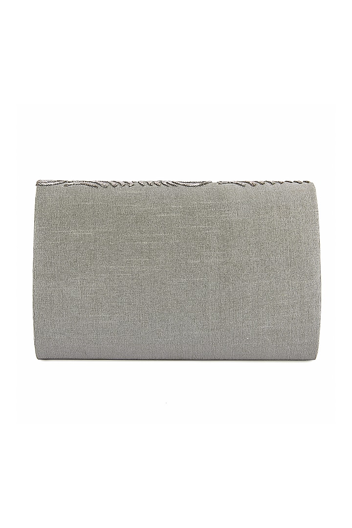 Grey Silver Raw Silk Hand Embroidered Clutch by The Purple Sack at Pernia's Pop Up Shop