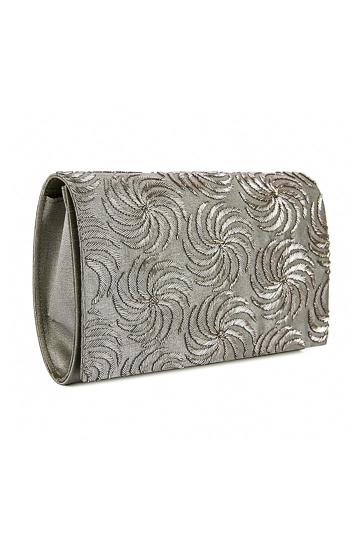 Grey Silver Raw Silk Hand Embroidered Clutch by The Purple Sack at Pernia's Pop Up Shop