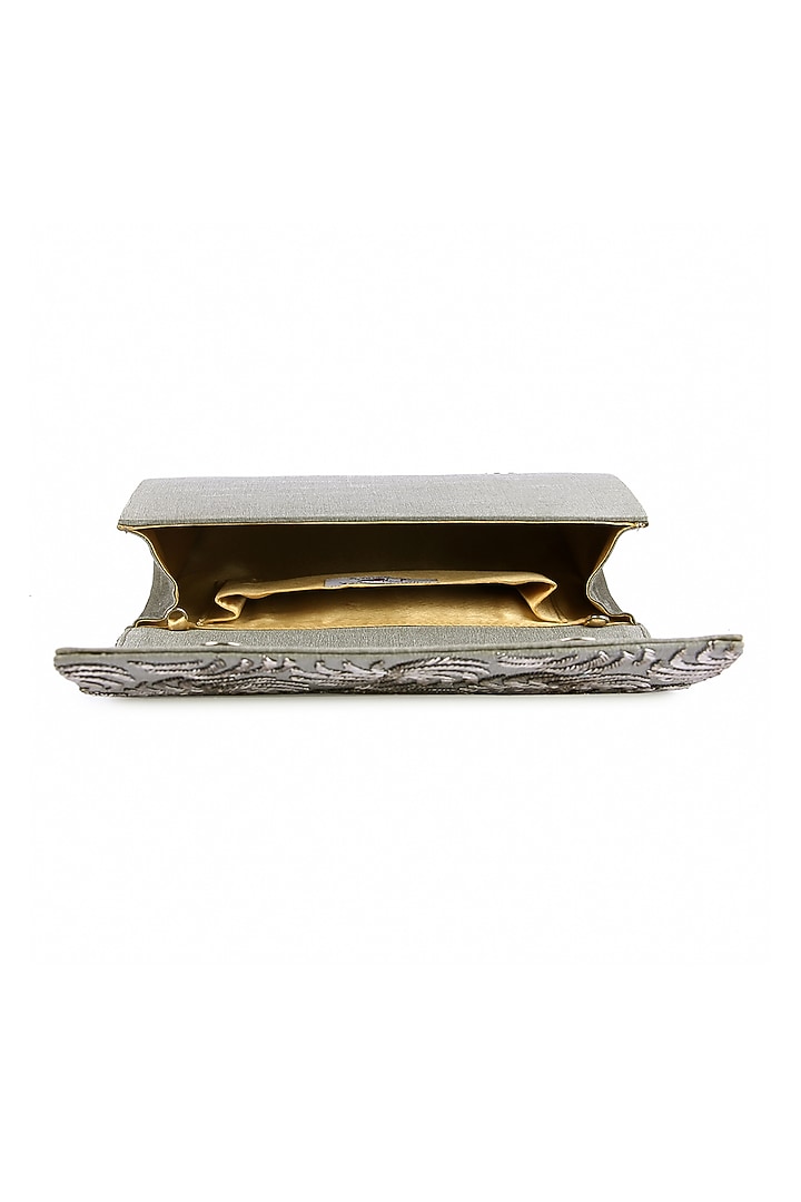 Grey Silver Raw Silk Hand Embroidered Clutch by The Purple Sack at Pernia's Pop Up Shop