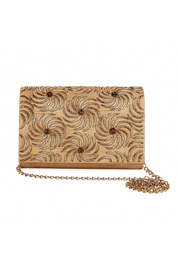 Gold Raw Silk Hand Embroidered Clutch by The Purple Sack at Pernia's Pop Up Shop