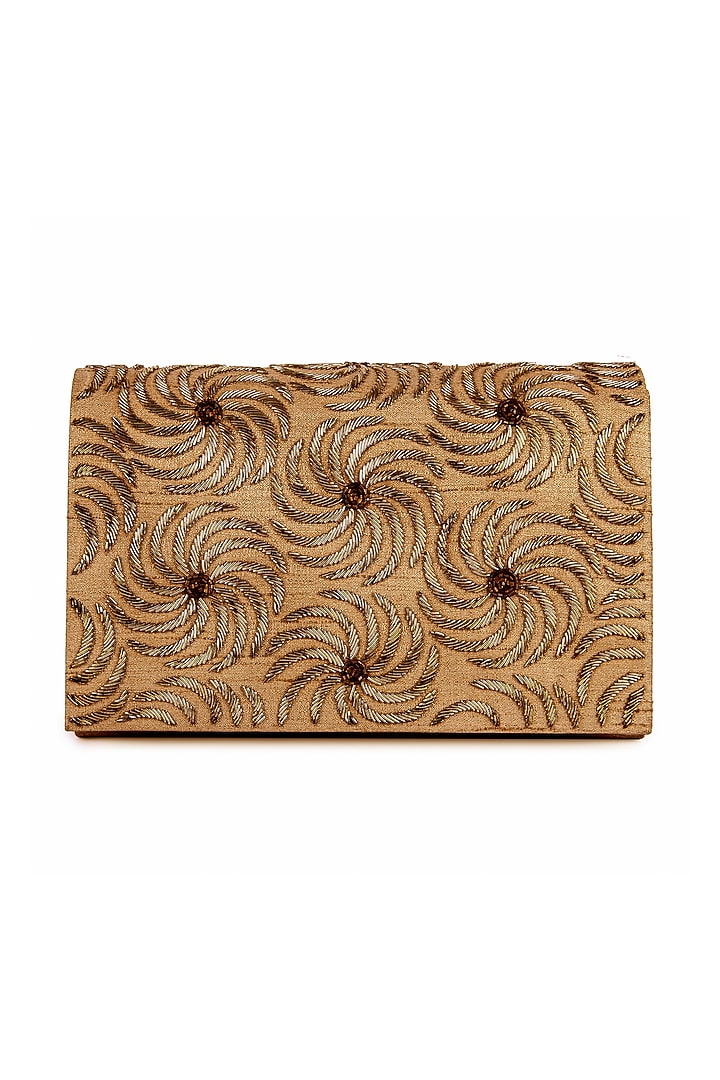 Gold Raw Silk Hand Embroidered Clutch by The Purple Sack at Pernia's Pop Up Shop