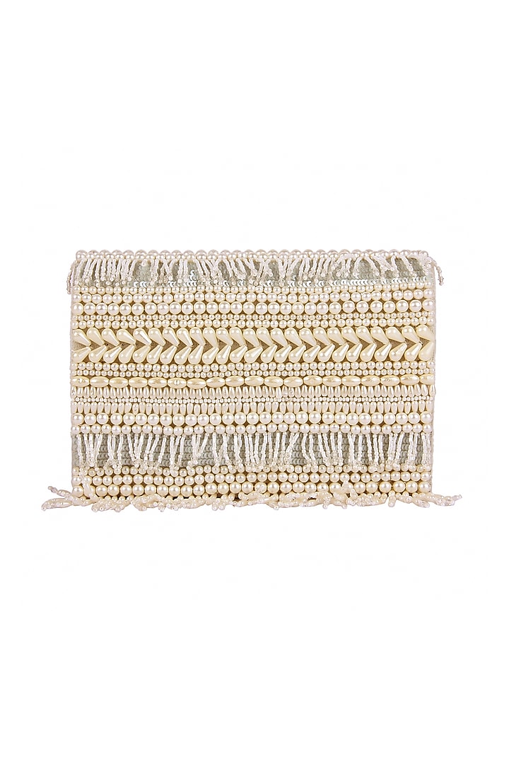 White Raw Silk Hand Embroidered Clutch by The Purple Sack at Pernia's Pop Up Shop