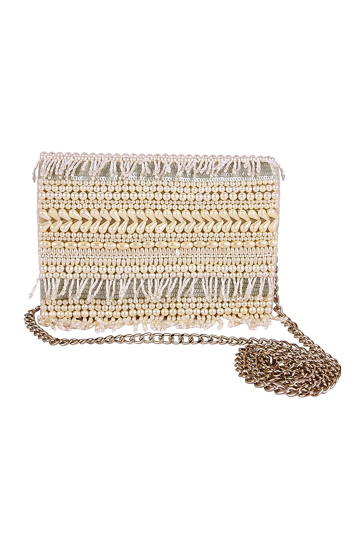 White Raw Silk Hand Embroidered Clutch by The Purple Sack at Pernia's Pop Up Shop