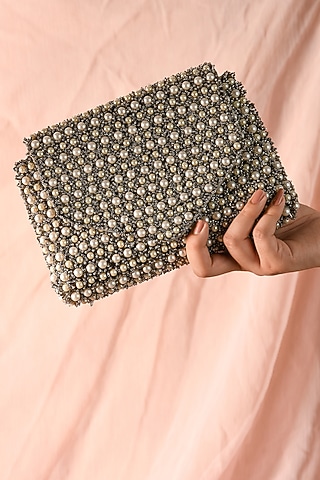 Grey Raw Silk Hand Embroidered Clutch by The Purple Sack