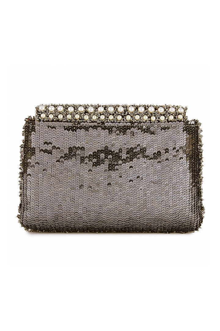 Grey Raw Silk Hand Embroidered Clutch by The Purple Sack at Pernia's Pop Up Shop
