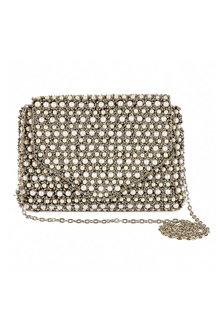 Grey Raw Silk Hand Embroidered Clutch by The Purple Sack at Pernia's Pop Up Shop