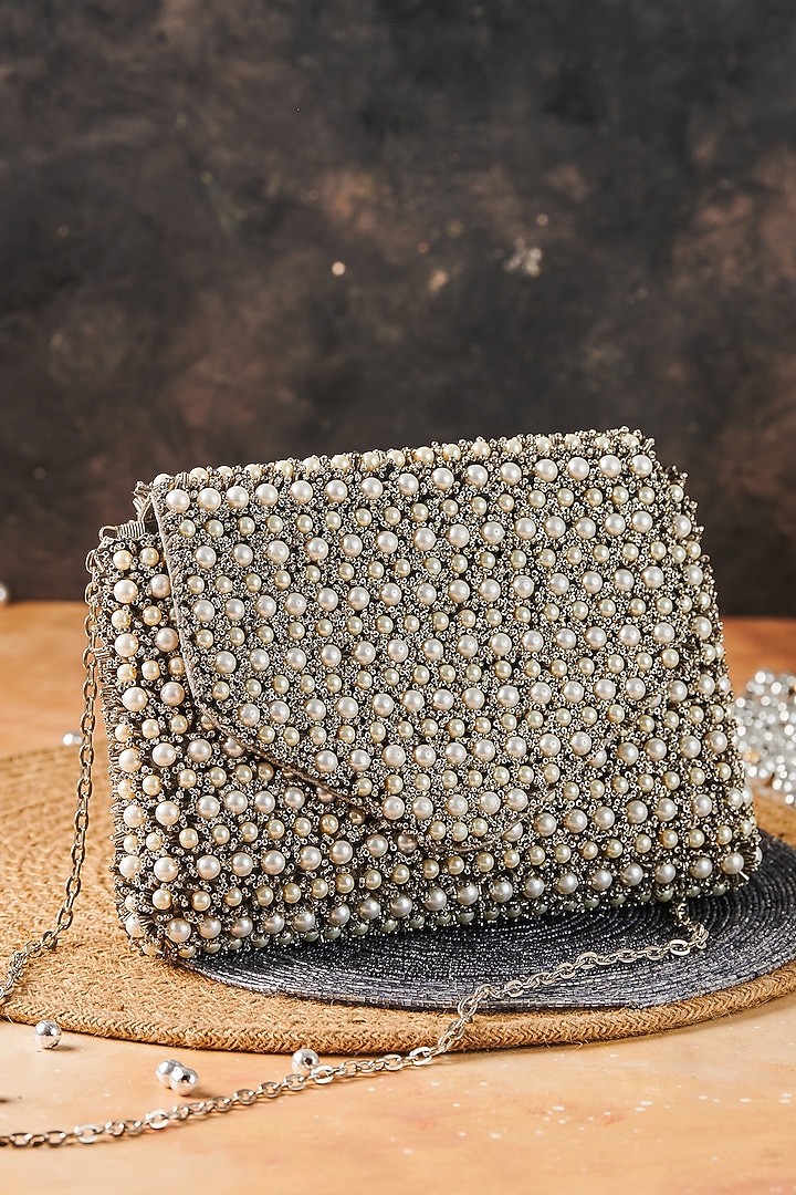 Grey Raw Silk Hand Embroidered Clutch by The Purple Sack at Pernia's Pop Up Shop