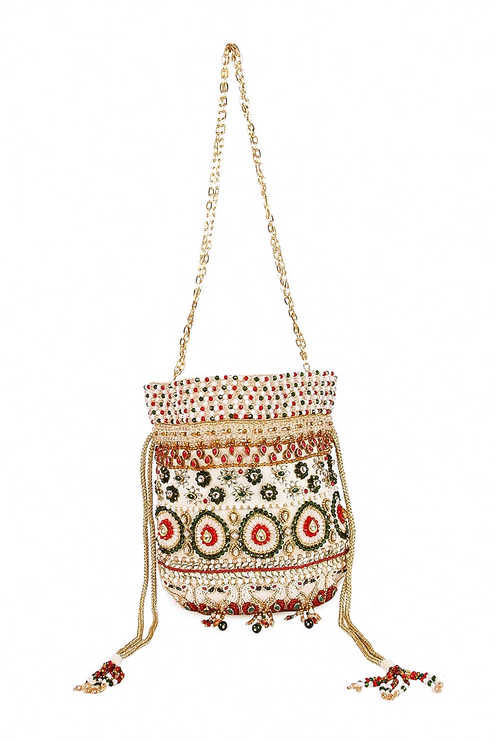 Multi-Colored Raw Silk Hand Embroidered Potli by The Purple Sack at Pernia's Pop Up Shop