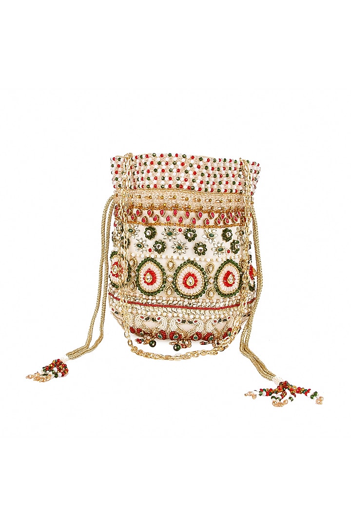 Multi-Colored Raw Silk Hand Embroidered Potli by The Purple Sack at Pernia's Pop Up Shop