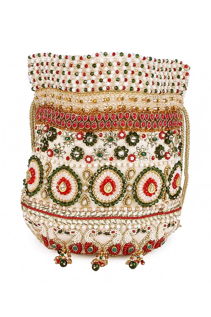 Multi-Colored Raw Silk Hand Embroidered Potli by The Purple Sack at Pernia's Pop Up Shop