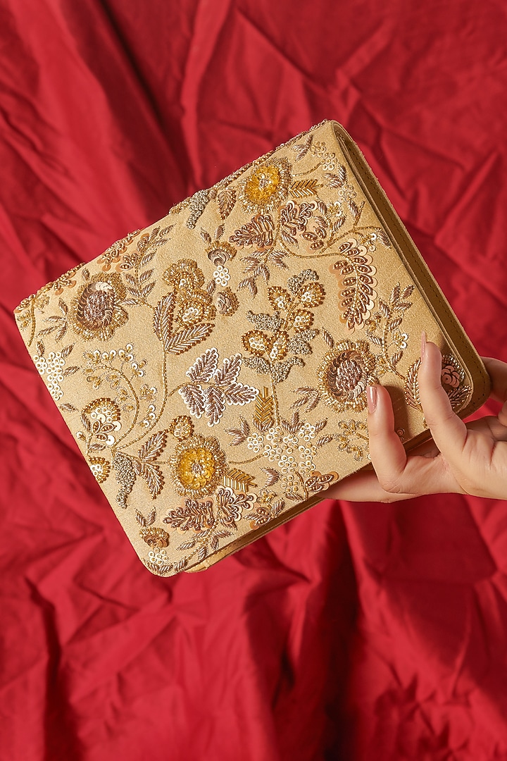 Golden Raw Silk Hand Embroidered Handcrafted Clutch by The Purple Sack at Pernia's Pop Up Shop