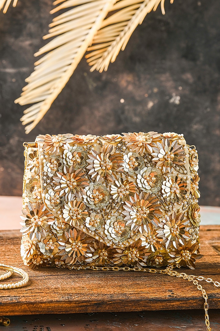 Golden Raw Silk Hand Embroidered Handcrafted Clutch by The Purple Sack at Pernia's Pop Up Shop