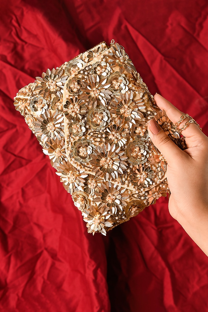 Golden Raw Silk Hand Embroidered Handcrafted Clutch by The Purple Sack at Pernia's Pop Up Shop