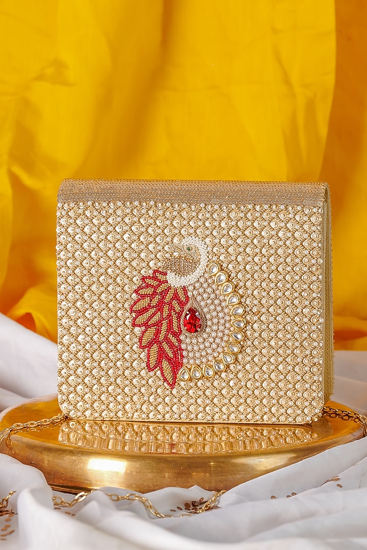 Golden Raw Silk Hand Embroidered Handcrafted Clutch by The Purple Sack at Pernia's Pop Up Shop