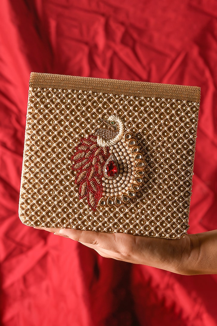 Golden Raw Silk Hand Embroidered Handcrafted Clutch by The Purple Sack at Pernia's Pop Up Shop