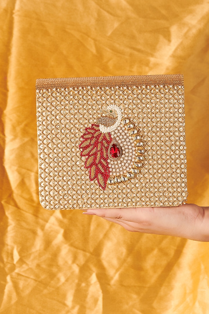 Golden Raw Silk Hand Embroidered Handcrafted Clutch by The Purple Sack at Pernia's Pop Up Shop