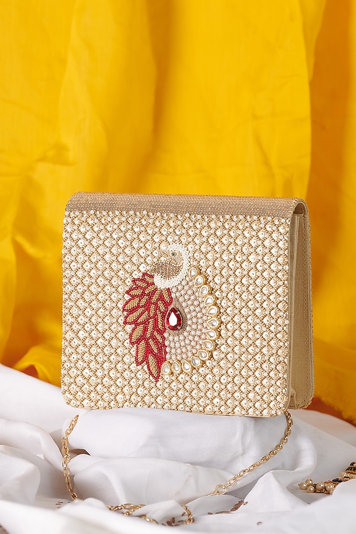 Golden Raw Silk Hand Embroidered Handcrafted Clutch by The Purple Sack at Pernia's Pop Up Shop