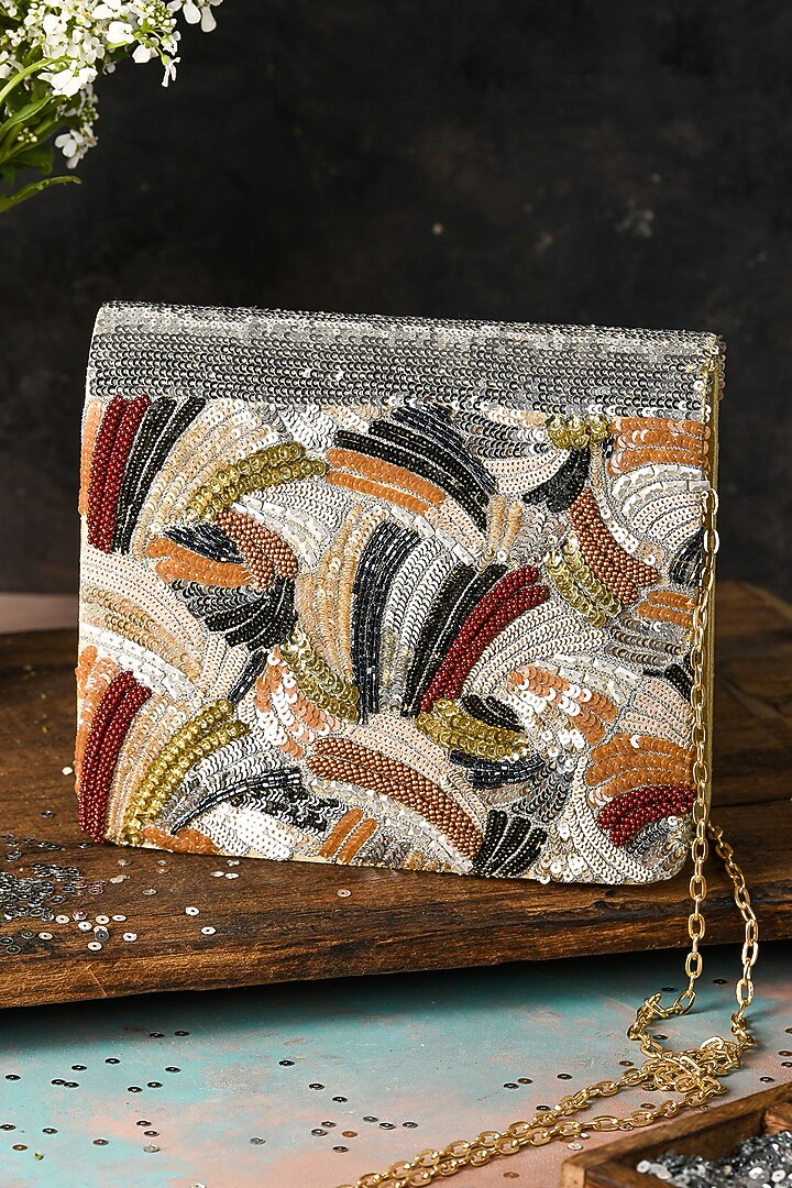 Multi-Colored Raw Silk Hand Embroidered Handcrafted Clutch by The Purple Sack at Pernia's Pop Up Shop