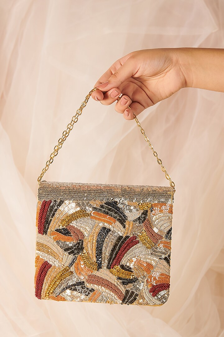 Multi-Colored Raw Silk Hand Embroidered Handcrafted Clutch by The Purple Sack at Pernia's Pop Up Shop