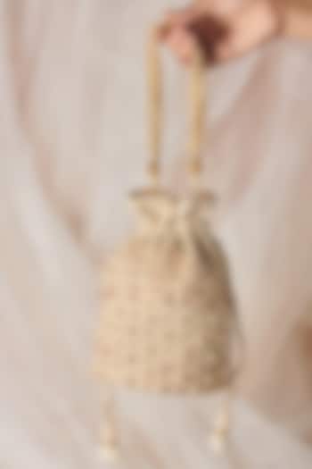 White Raw Silk Hand Embroidered Handcrafted Potli by The Purple Sack at Pernia's Pop Up Shop