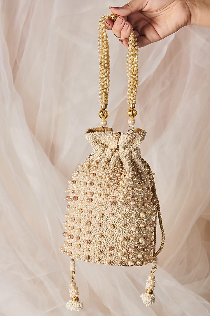 White Raw Silk Hand Embroidered Handcrafted Potli by The Purple Sack at Pernia's Pop Up Shop