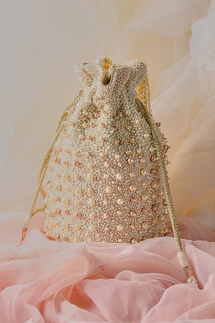 White Raw Silk Hand Embroidered Handcrafted Potli by The Purple Sack at Pernia's Pop Up Shop
