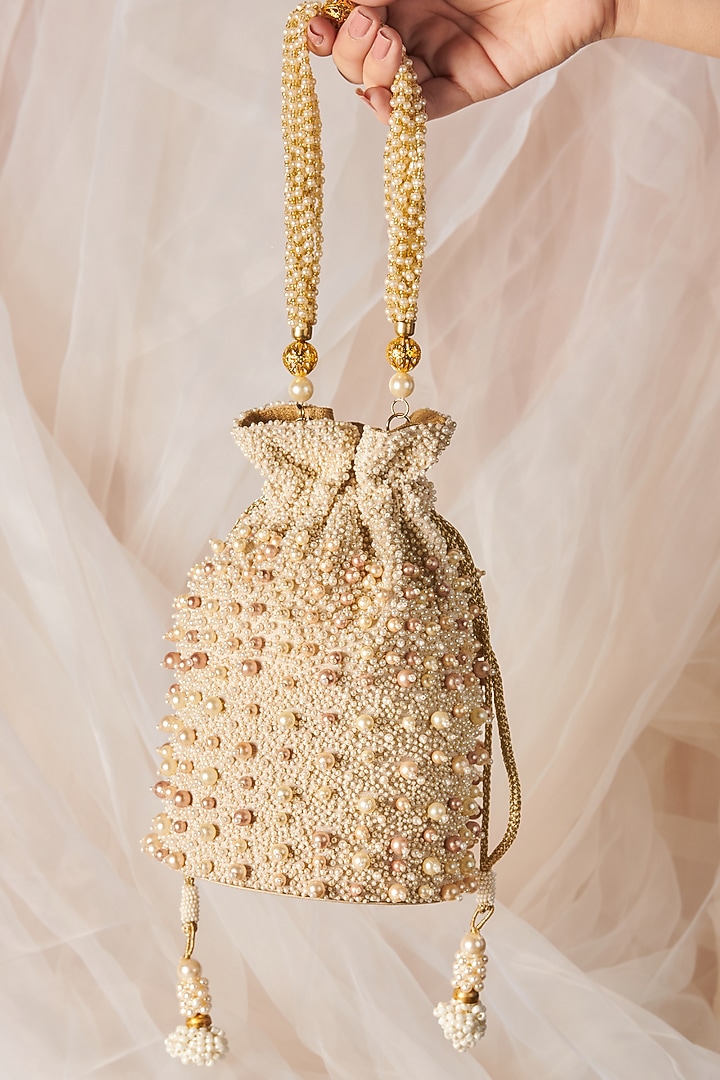 White Raw Silk Hand Embroidered Handcrafted Potli by The Purple Sack at Pernia's Pop Up Shop
