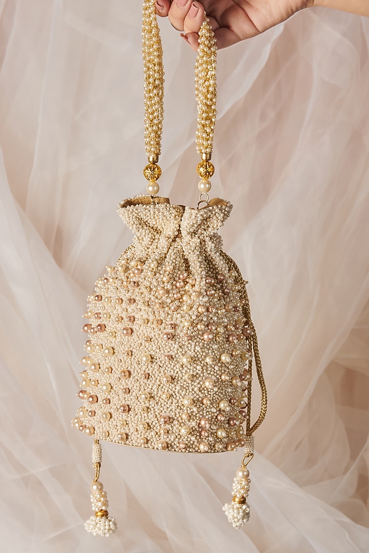 White Raw Silk Hand Embroidered Handcrafted Potli by The Purple Sack at Pernia's Pop Up Shop