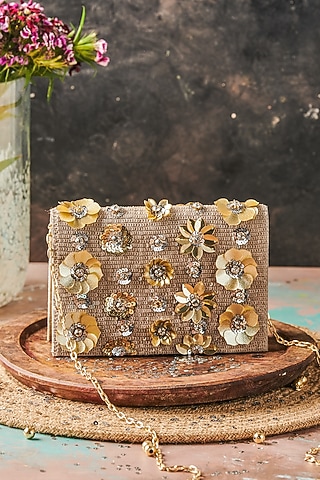 Ivory Raw Silk Hand Embroidered Handcrafted Clutch by The Purple Sack