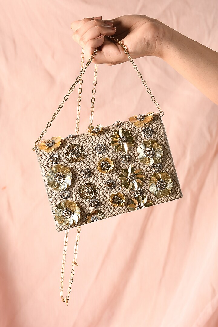 Ivory Raw Silk Hand Embroidered Handcrafted Clutch by The Purple Sack at Pernia's Pop Up Shop