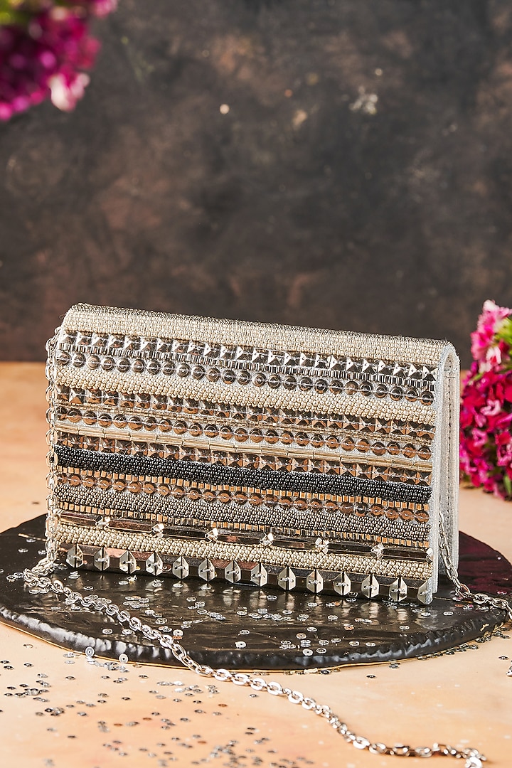 Silver Raw Silk Hand Embroidered Handcrafted Clutch by The Purple Sack at Pernia's Pop Up Shop