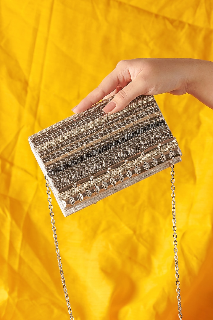 Silver Raw Silk Hand Embroidered Handcrafted Clutch by The Purple Sack at Pernia's Pop Up Shop