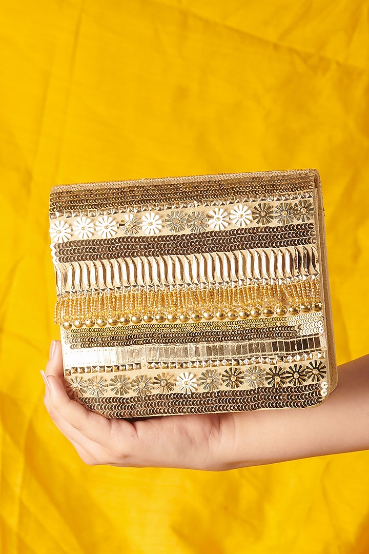 Golden Raw Silk Hand Embroidered Handcrafted Clutch by The Purple Sack at Pernia's Pop Up Shop
