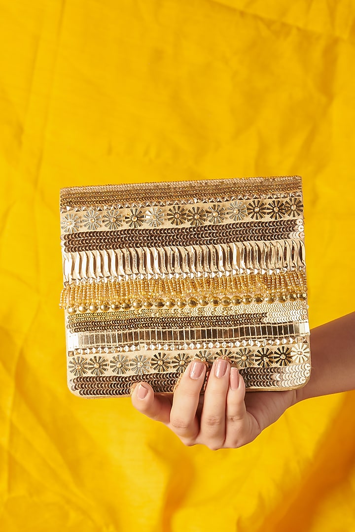 Golden Raw Silk Hand Embroidered Handcrafted Clutch by The Purple Sack at Pernia's Pop Up Shop