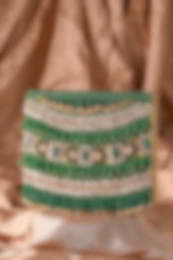 Green Raw Silk Hand Embroidered Handcrafted Clutch by The Purple Sack at Pernia's Pop Up Shop