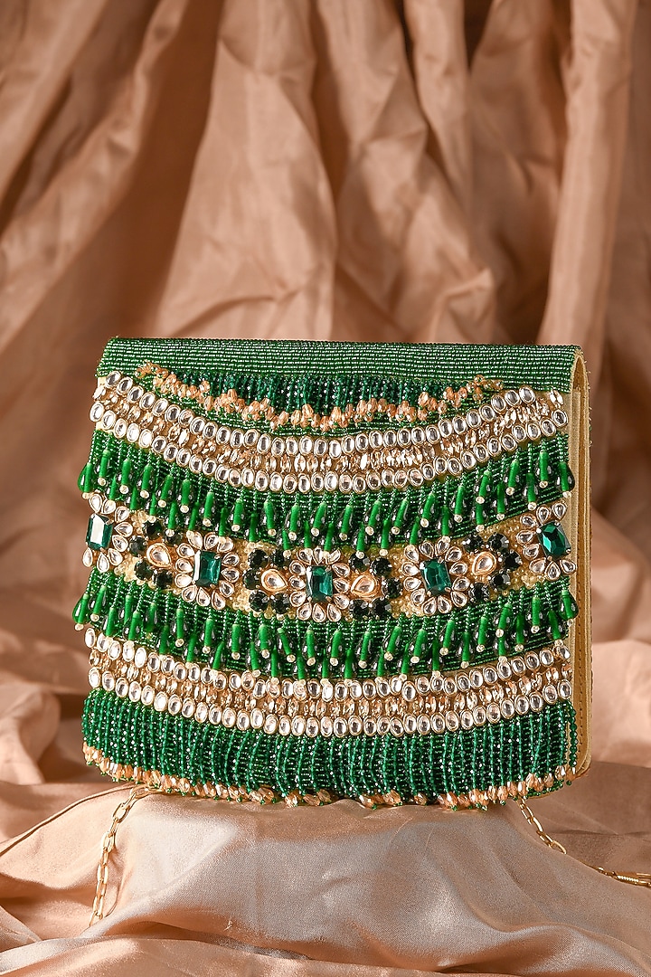Green Raw Silk Hand Embroidered Handcrafted Clutch by The Purple Sack at Pernia's Pop Up Shop