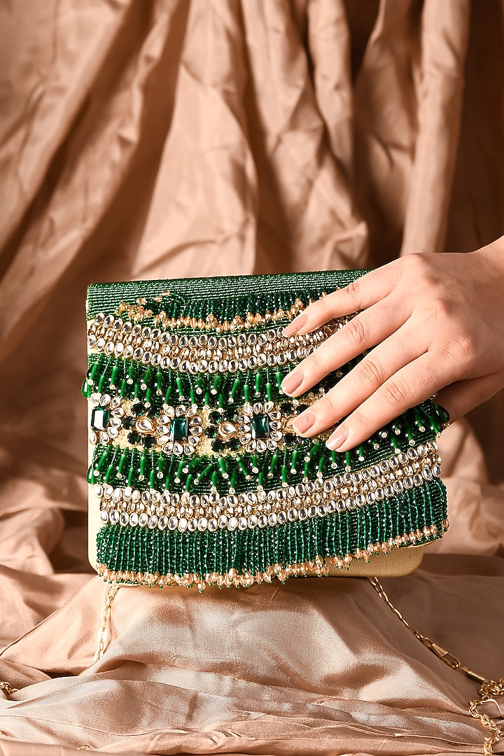 Green Raw Silk Hand Embroidered Handcrafted Clutch by The Purple Sack at Pernia's Pop Up Shop