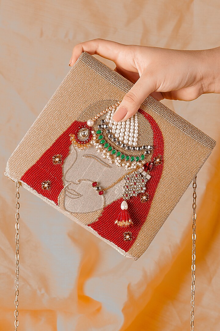 Beige Raw Silk Hand Embroidered Handcrafted Clutch by The Purple Sack at Pernia's Pop Up Shop