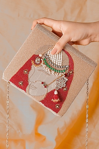 Beige Raw Silk Hand Embroidered Handcrafted Clutch by The Purple Sack