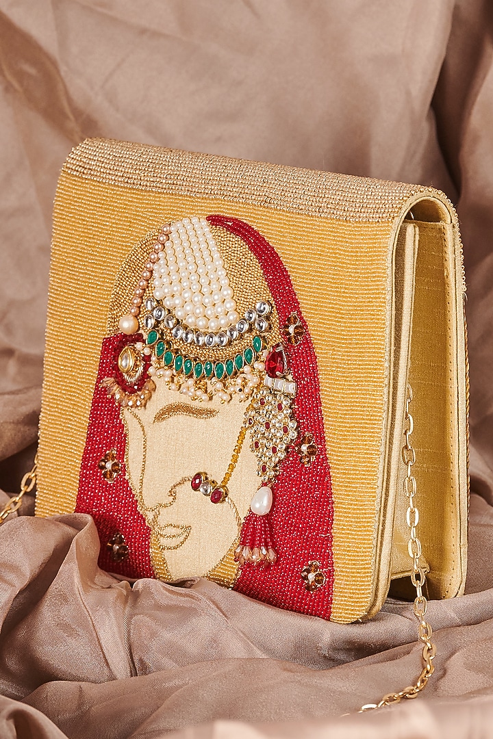 Beige Raw Silk Hand Embroidered Handcrafted Clutch by The Purple Sack at Pernia's Pop Up Shop